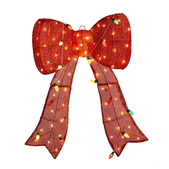 Glitzhome® 35.75"H Lighted Christmas 3D Fabric Bow Outdoor Decor
